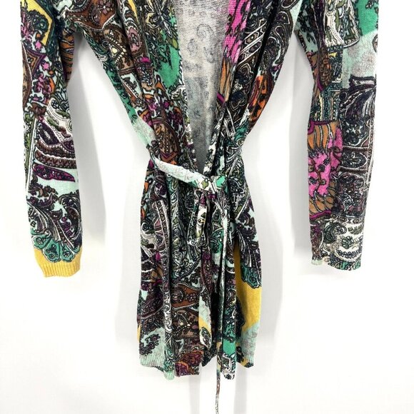 Sundance Paisley Print Linen Cotton Blend Cardigan Tie Front Sweater Small - Picture 3 of 8